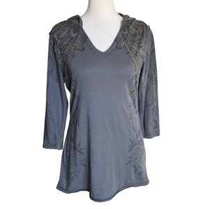 Seven7 Y2K Goth Grunge Bedazzled Top Non-figurative Graphic Hooded 3/4 Sleeves M